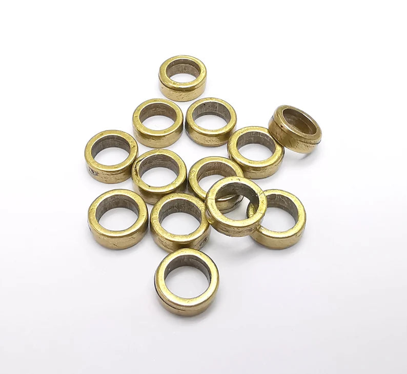 10 Rondelle Beads, Bronze Beads, Bracelet Beads, Wide Hole Beads, Necklace Beads, Antique Bronze Plated Metal 9mm G35055