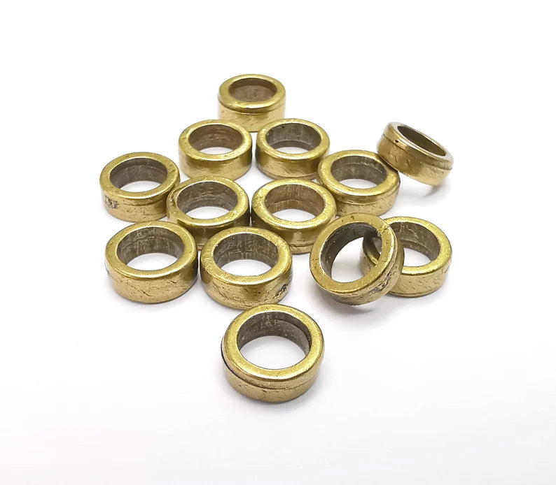 10 Rondelle Beads, Bronze Beads, Bracelet Beads, Wide Hole Beads, Necklace Beads, Antique Bronze Plated Metal 9mm G35055