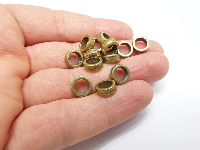 10 Rondelle Beads, Bronze Beads, Bracelet Beads, Wide Hole Beads, Necklace Beads, Antique Bronze Plated Metal 9mm G35055