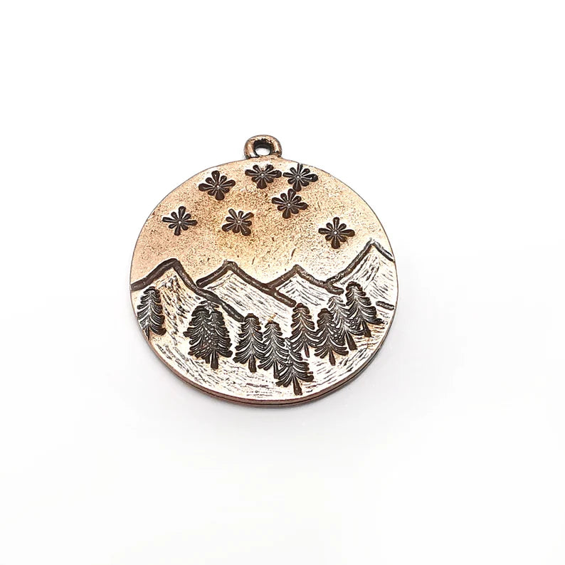 Landscape Charm, Winter Charm, Snowflake Charm, Tree Mountain Charm, Forest Pendant, Earring Charms, Antique Copper Plated (29x26mm) G35200