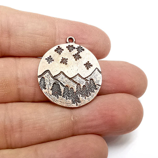 Landscape Charm, Winter Charm, Snowflake Charm, Tree Mountain Charm, Forest Pendant, Earring Charms, Antique Copper Plated (29x26mm) G35200