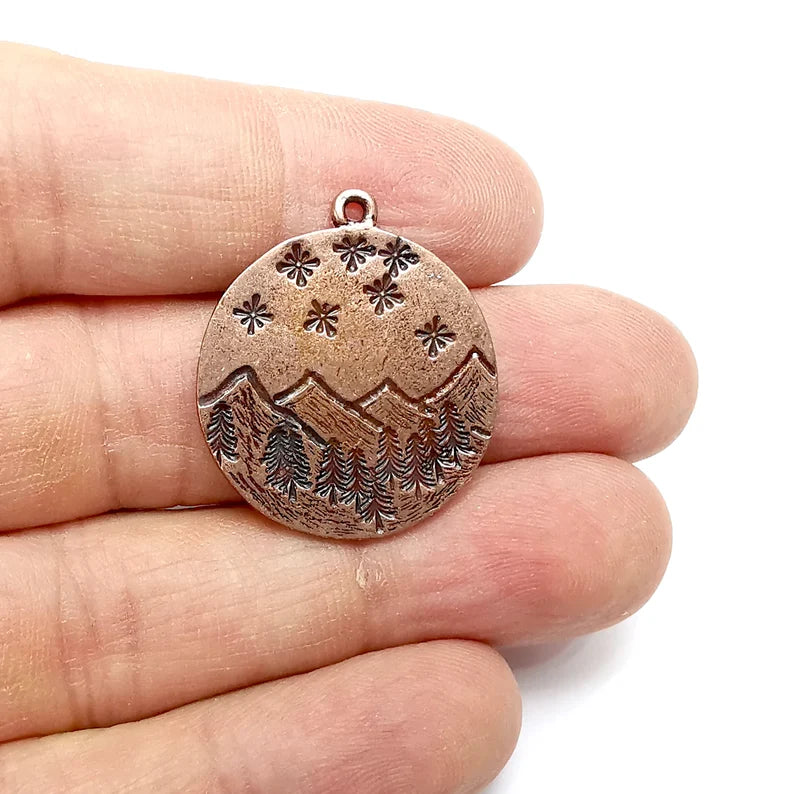 Landscape Charm, Winter Charm, Snowflake Charm, Tree Mountain Charm, Forest Pendant, Earring Charms, Antique Copper Plated (29x26mm) G35200