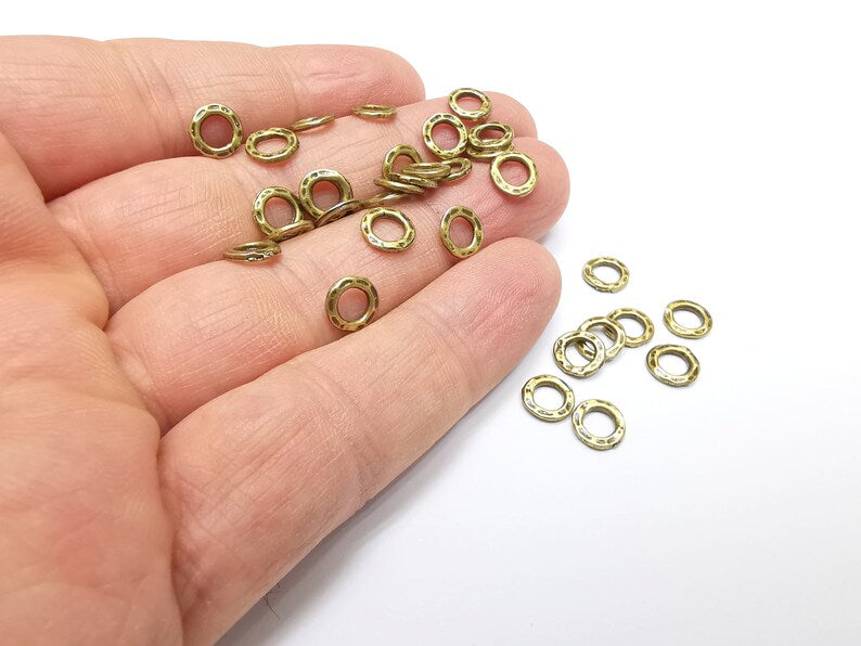 10 Hammered Rondelle Beads, Bronze Beads, Bracelet Beads, Wide Hole Beads, Necklace Beads, Antique Bronze Plated Metal 7mm G35057