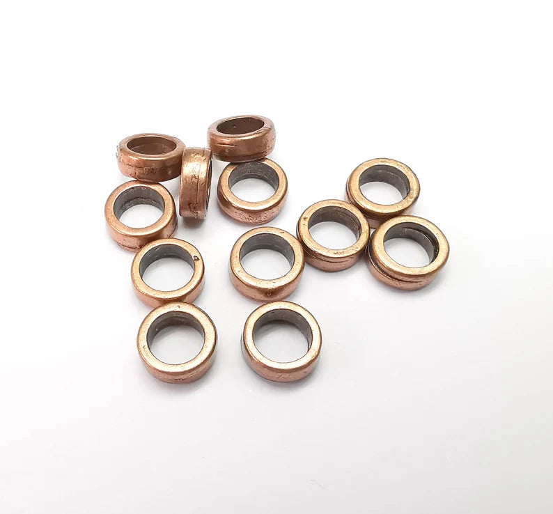 10 Rondelle Beads, Copper Beads, Bracelet Beads, Wide Hole Beads, Necklace Beads, Antique Copper Plated Metal 9mm G35058