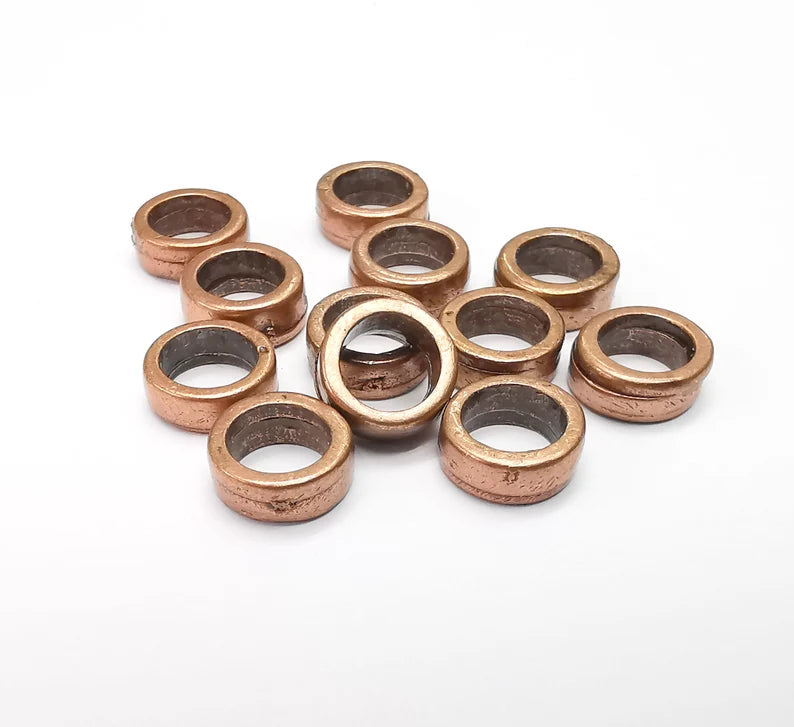 10 Rondelle Beads, Copper Beads, Bracelet Beads, Wide Hole Beads, Necklace Beads, Antique Copper Plated Metal 9mm G35058