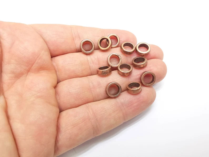 10 Rondelle Beads, Copper Beads, Bracelet Beads, Wide Hole Beads, Necklace Beads, Antique Copper Plated Metal 9mm G35058