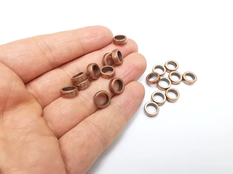 10 Rondelle Beads, Copper Beads, Bracelet Beads, Wide Hole Beads, Necklace Beads, Antique Copper Plated Metal 9mm G35058