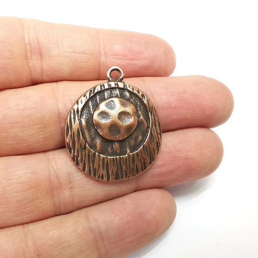 Hammered Mystic Charms, Round Charms, Ethnic Earring Charms, Copper Rustic Pendant, Necklace Parts, Antique Copper Plated 34x29mm G35062