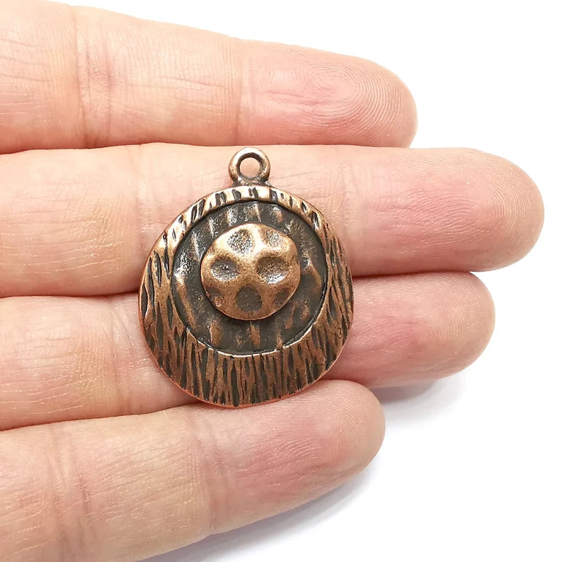 Hammered Mystic Charms, Round Charms, Ethnic Earring Charms, Copper Rustic Pendant, Necklace Parts, Antique Copper Plated 34x29mm G35062