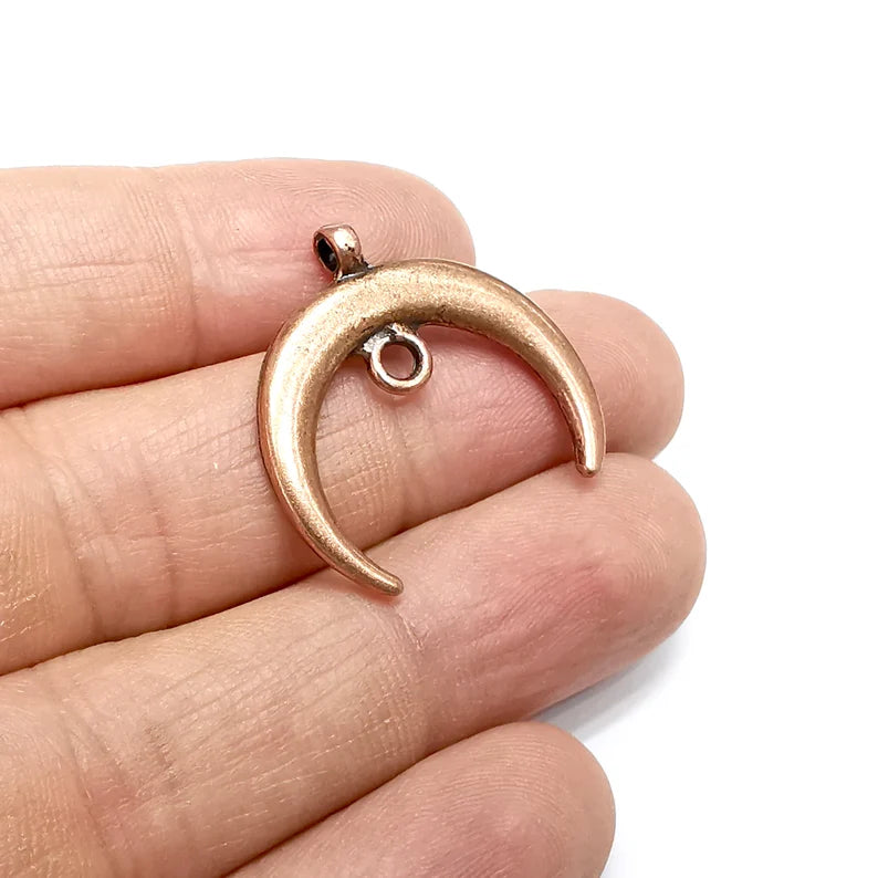 Crescent Moon Charms, Dangle Charms, Ethnic Earring Charms, Copper Rustic Pendant, Necklace Parts, Antique Copper Plated 27mm G35066