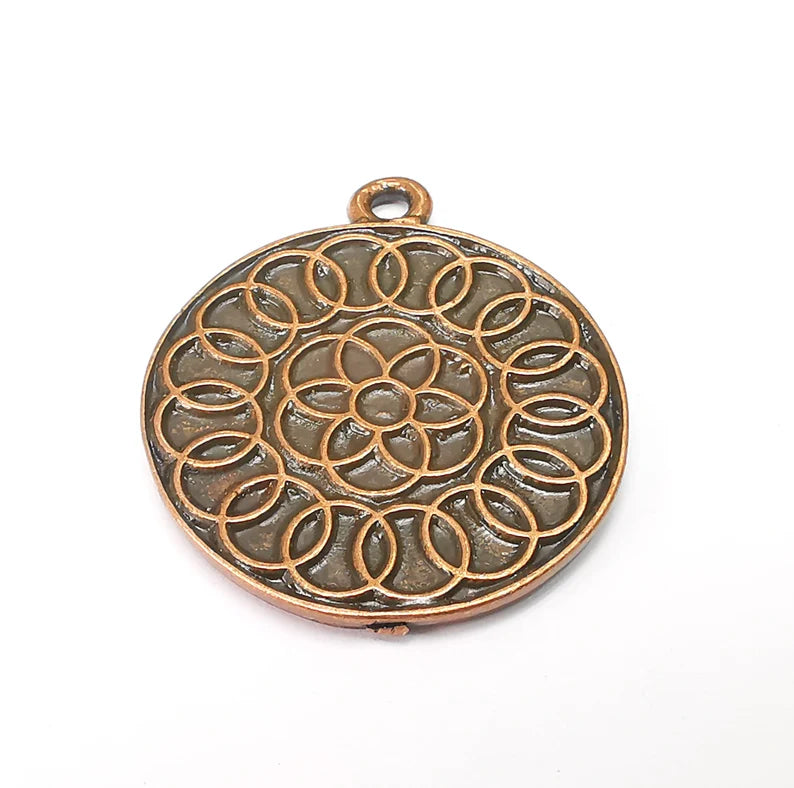 Copper Mandala Charms, Medallion Charms, Locket Pendant, Earring Charms, Boho Charms, Round Charms, Antique Copper Plated (39x33mm) G35212