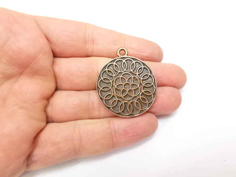 Copper Mandala Charms, Medallion Charms, Locket Pendant, Earring Charms, Boho Charms, Round Charms, Antique Copper Plated (39x33mm) G35212