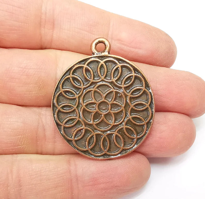 Copper Mandala Charms, Medallion Charms, Locket Pendant, Earring Charms, Boho Charms, Round Charms, Antique Copper Plated (39x33mm) G35212
