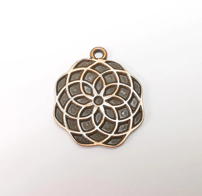 Copper Mandala Charms, Medallion Charms, Locket Pendant, Earring Charms, Boho Charms, Round Charms, Antique Copper Plated (37x32mm) G35213