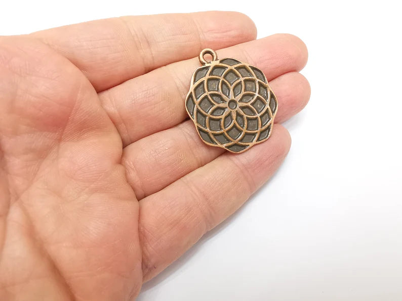 Copper Mandala Charms, Medallion Charms, Locket Pendant, Earring Charms, Boho Charms, Round Charms, Antique Copper Plated (37x32mm) G35213