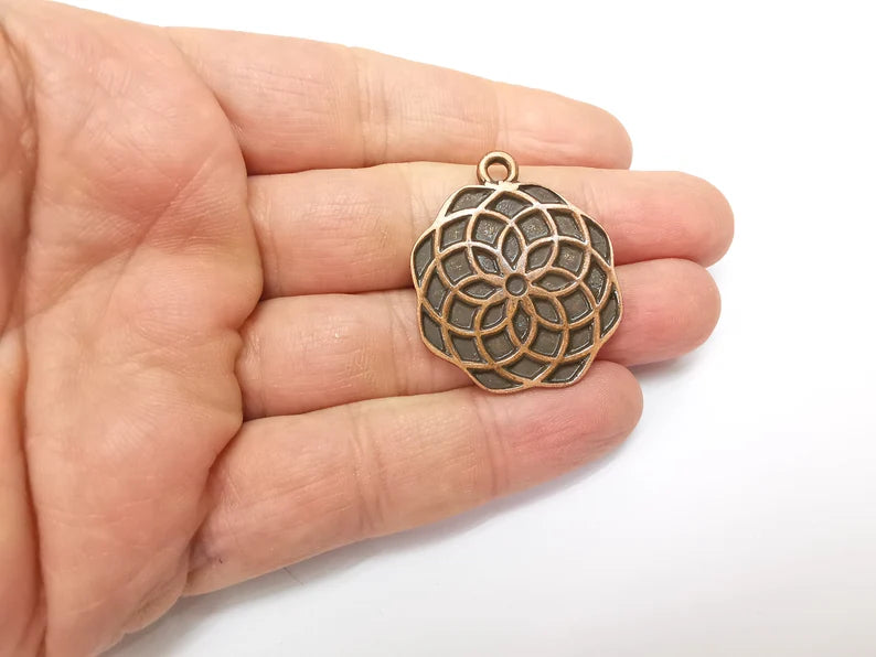 Copper Mandala Charms, Medallion Charms, Locket Pendant, Earring Charms, Boho Charms, Round Charms, Antique Copper Plated (37x32mm) G35213