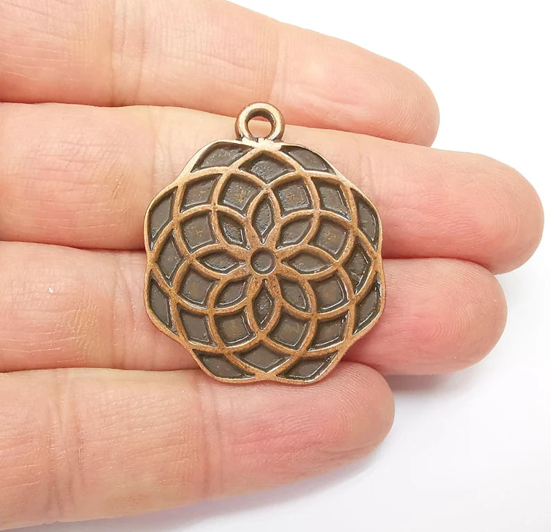Copper Mandala Charms, Medallion Charms, Locket Pendant, Earring Charms, Boho Charms, Round Charms, Antique Copper Plated (37x32mm) G35213