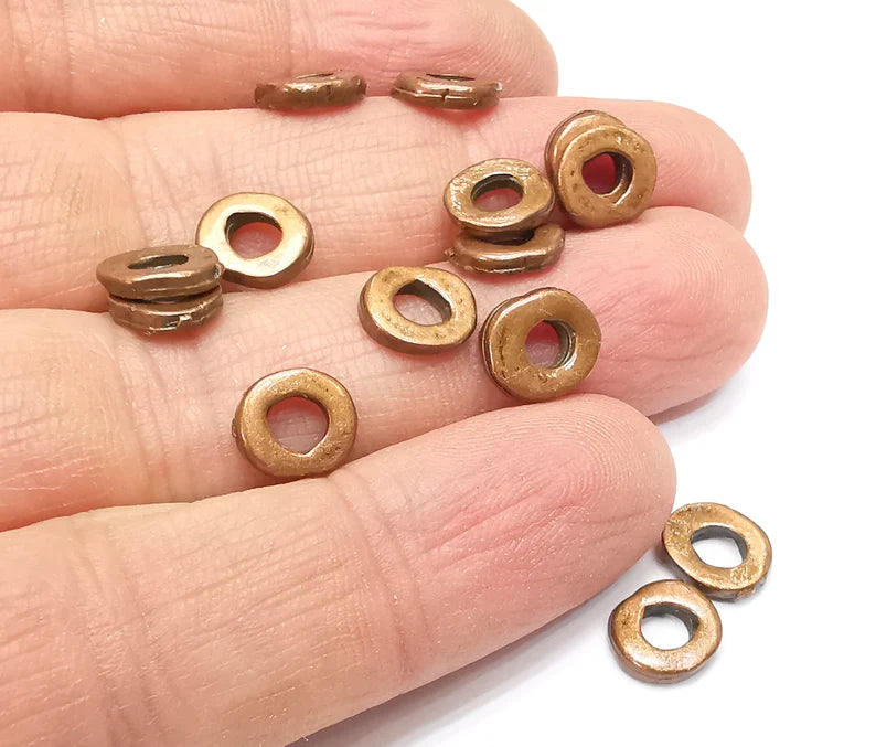 10 Copper Rondelle Beads, Copper Round Hole Beads, Bracelet Beads, Disc Beads, Necklace Beads, Antique Copper Plated Metal 9mm G35215