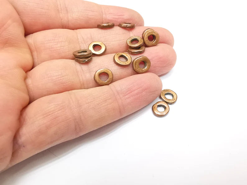 10 Copper Rondelle Beads, Copper Round Hole Beads, Bracelet Beads, Disc Beads, Necklace Beads, Antique Copper Plated Metal 9mm G35215