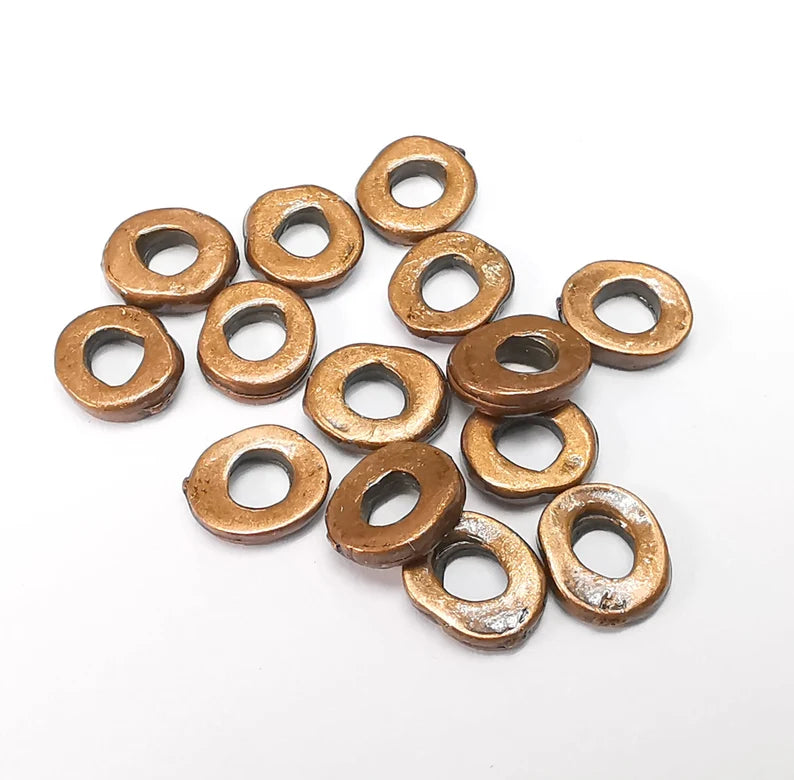 10 Copper Rondelle Beads, Copper Round Hole Beads, Bracelet Beads, Disc Beads, Necklace Beads, Antique Copper Plated Metal 9mm G35215