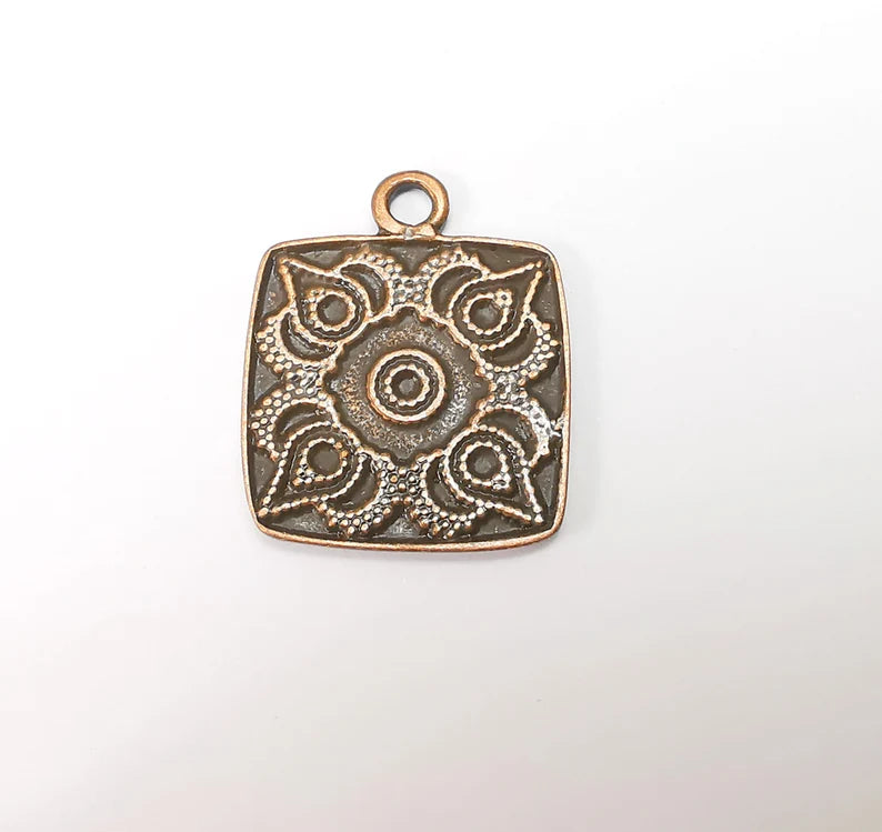 Copper Mandala Charms, Medallion Charms, Locket Pendant, Earring Charms, Boho Charms, Antique Copper Plated (32x25mm) G35216