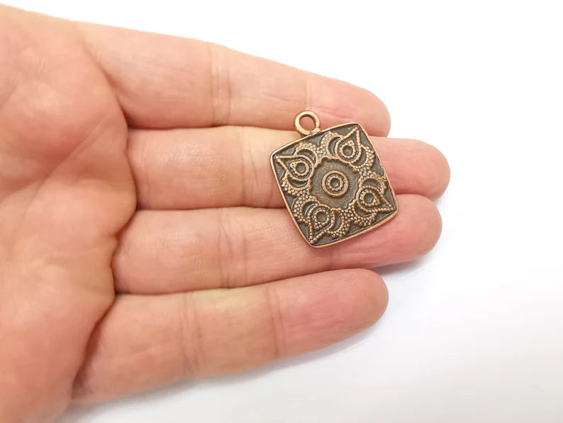 Copper Mandala Charms, Medallion Charms, Locket Pendant, Earring Charms, Boho Charms, Antique Copper Plated (32x25mm) G35216