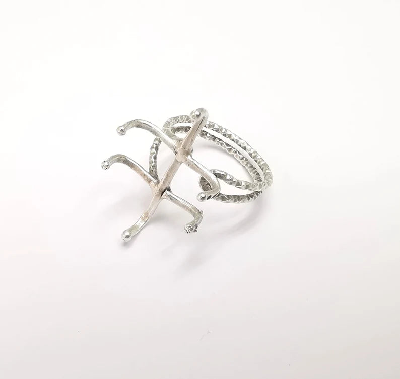 Silver Claw Ring Setting, Cabochon Blank, Resin Bezel, Oval Mounting, Claw Frame Base, Adjustable Antique Silver Plated Brass 25x18mm G35218