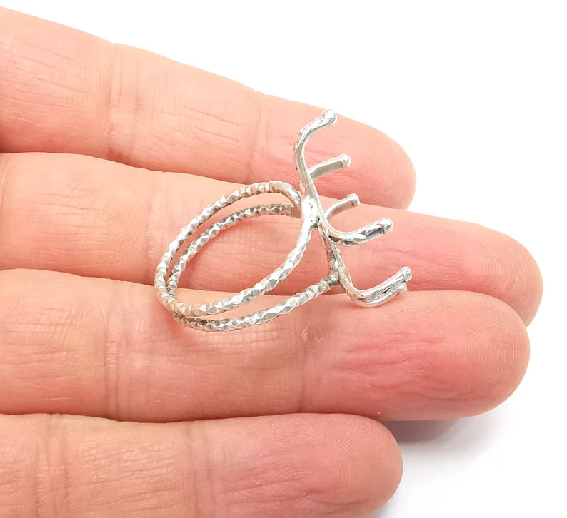 Silver Claw Ring Setting, Cabochon Blank, Resin Bezel, Oval Mounting, Claw Frame Base, Adjustable Antique Silver Plated Brass 25x18mm G35218