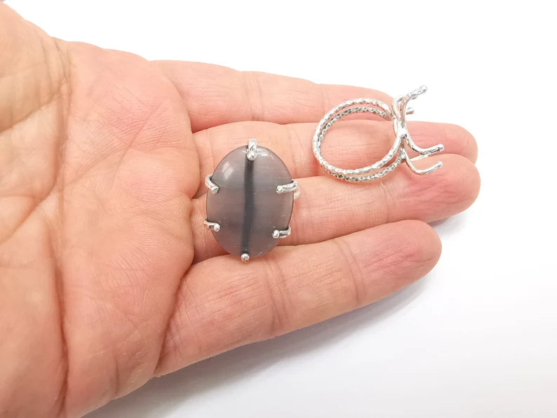 Silver Claw Ring Setting, Cabochon Blank, Resin Bezel, Oval Mounting, Claw Frame Base, Adjustable Antique Silver Plated Brass 25x18mm G35218