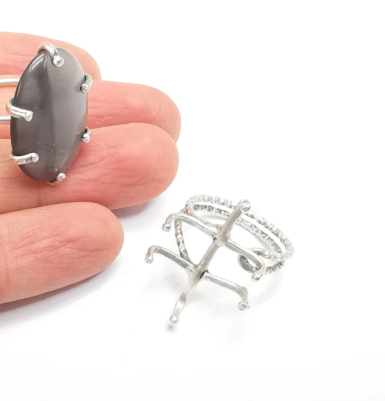 Silver Claw Ring Setting, Cabochon Blank, Resin Bezel, Oval Mounting, Claw Frame Base, Adjustable Antique Silver Plated Brass 25x18mm G35218