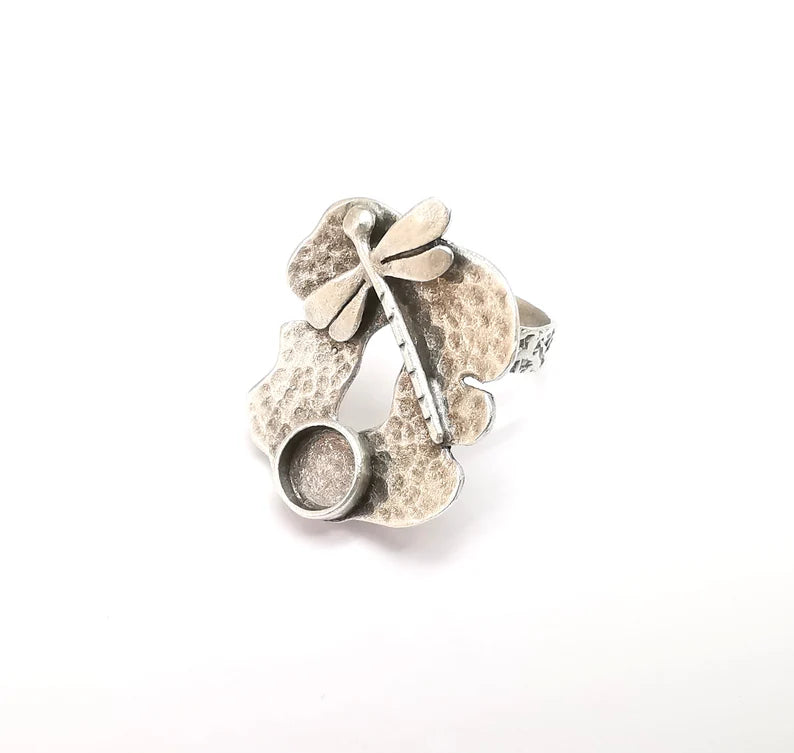 Dragonfly Ring Setting, Cabochon Blank, Resin Bezel, Round Ring Mounting, Epoxy Frame, Adjustable Antique Silver Plated Brass 8mm G35220