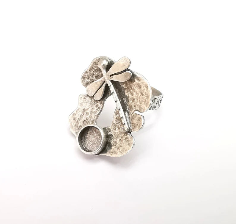 Dragonfly Ring Setting, Cabochon Blank, Resin Bezel, Round Ring Mounting, Epoxy Frame, Adjustable Antique Silver Plated Brass 8mm G35220