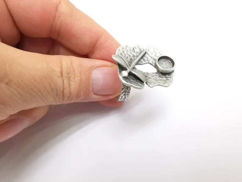 Dragonfly Ring Setting, Cabochon Blank, Resin Bezel, Round Ring Mounting, Epoxy Frame, Adjustable Antique Silver Plated Brass 8mm G35220