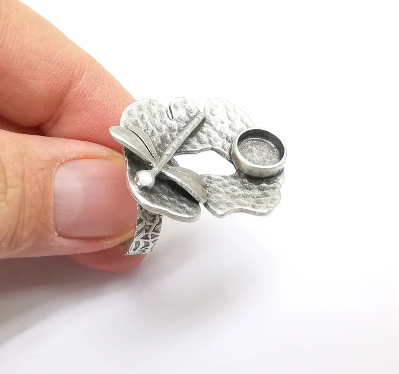 Dragonfly Ring Setting, Cabochon Blank, Resin Bezel, Round Ring Mounting, Epoxy Frame, Adjustable Antique Silver Plated Brass 8mm G35220