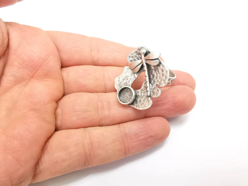 Dragonfly Ring Setting, Cabochon Blank, Resin Bezel, Round Ring Mounting, Epoxy Frame, Adjustable Antique Silver Plated Brass 8mm G35220