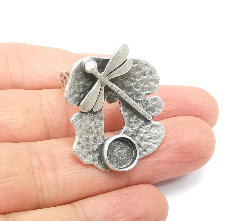 Dragonfly Ring Setting, Cabochon Blank, Resin Bezel, Round Ring Mounting, Epoxy Frame, Adjustable Antique Silver Plated Brass 8mm G35220