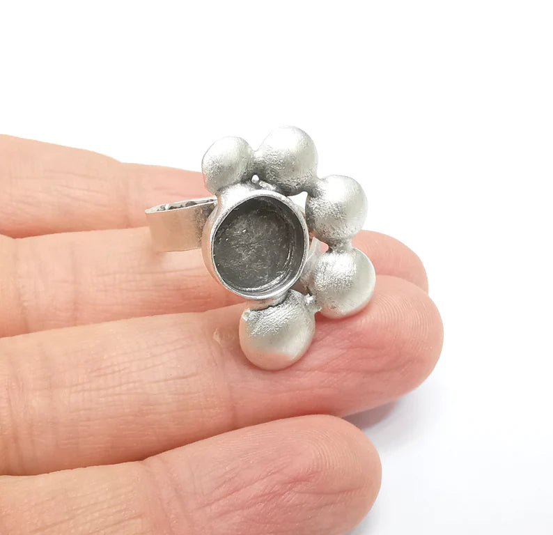 Silver Ring Setting, Cabochon Blank, Resin Bezel, Round Ring Mounting, Epoxy Frame Base, Adjustable Antique Silver Plated Brass 10mm G35221
