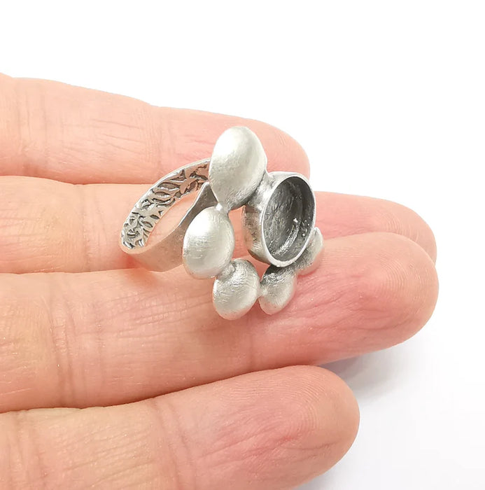 Silver Ring Setting, Cabochon Blank, Resin Bezel, Round Ring Mounting, Epoxy Frame Base, Adjustable Antique Silver Plated Brass 10mm G35221