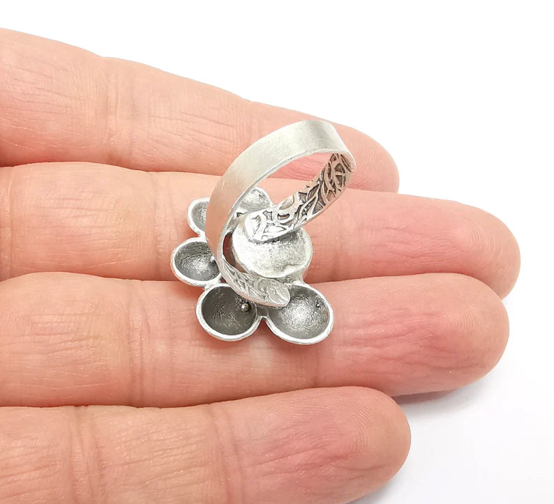 Silver Ring Setting, Cabochon Blank, Resin Bezel, Round Ring Mounting, Epoxy Frame Base, Adjustable Antique Silver Plated Brass 10mm G35221