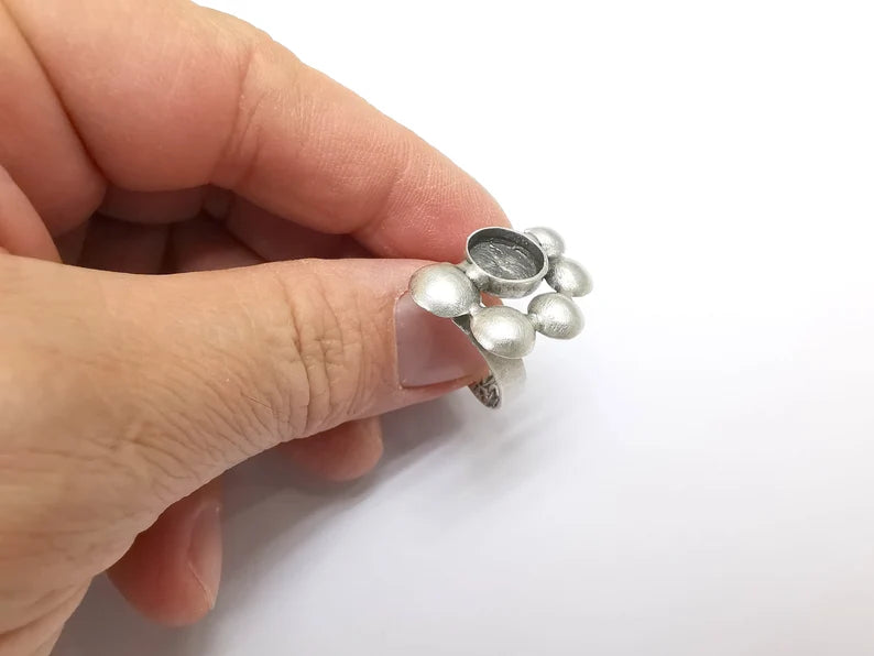 Silver Ring Setting, Cabochon Blank, Resin Bezel, Round Ring Mounting, Epoxy Frame Base, Adjustable Antique Silver Plated Brass 10mm G35221