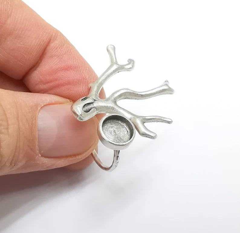 Tree Branch Ring Setting, Cabochon Blank, Resin Bezel, Round Ring Mounting, Epoxy Frame, Adjustable Antique Silver Plated Brass 8mm G35222