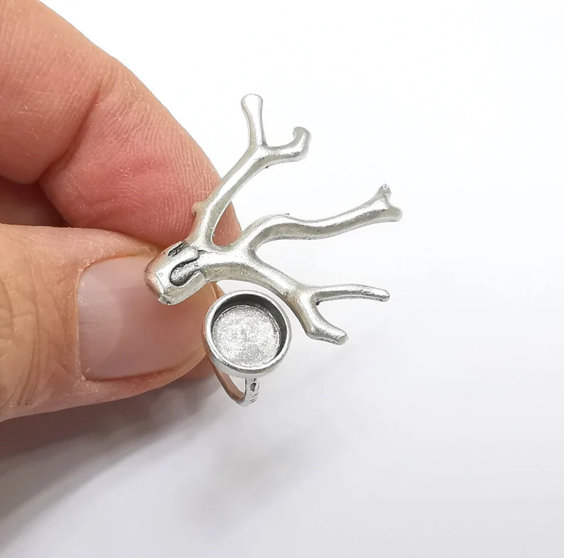 Tree Branch Ring Setting, Cabochon Blank, Resin Bezel, Round Ring Mounting, Epoxy Frame, Adjustable Antique Silver Plated Brass 8mm G35222