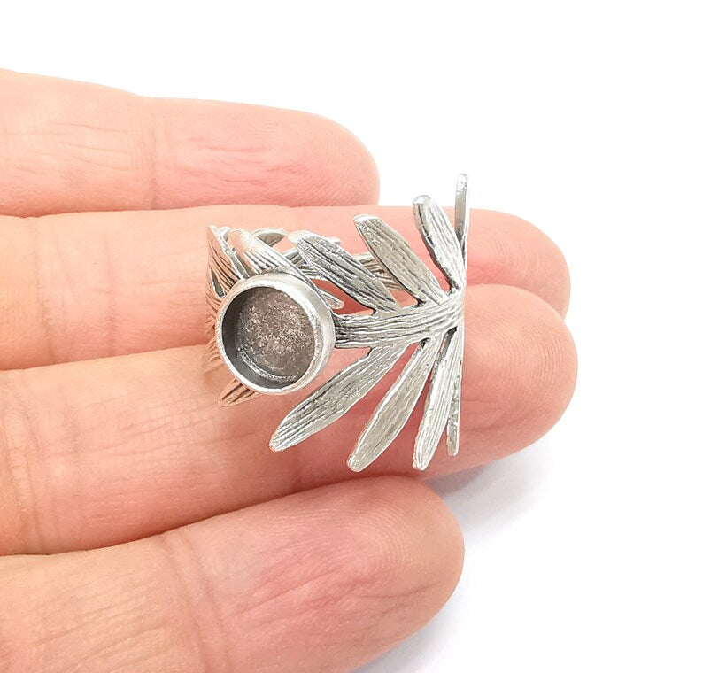 Leaf Ring Setting, Cabochon Blank, Resin Bezel, Round Ring Mounting, Epoxy Frame Base, Adjustable Antique Silver Plated Brass 8mm G35228
