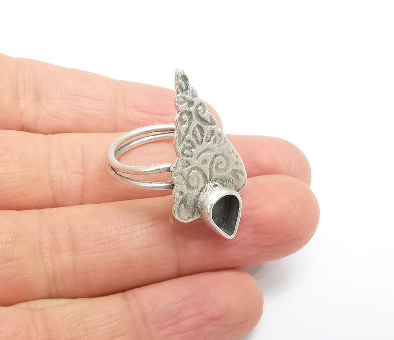 Silver Ring Setting, Cabochon Blank, Resin Bezel, Round Ring Mounting, Epoxy Frame, Adjustable Antique Silver Plated Brass 10x8mm G35229