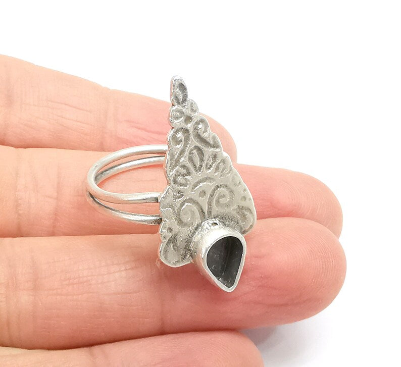 Silver Ring Setting, Cabochon Blank, Resin Bezel, Round Ring Mounting, Epoxy Frame, Adjustable Antique Silver Plated Brass 10x8mm G35229