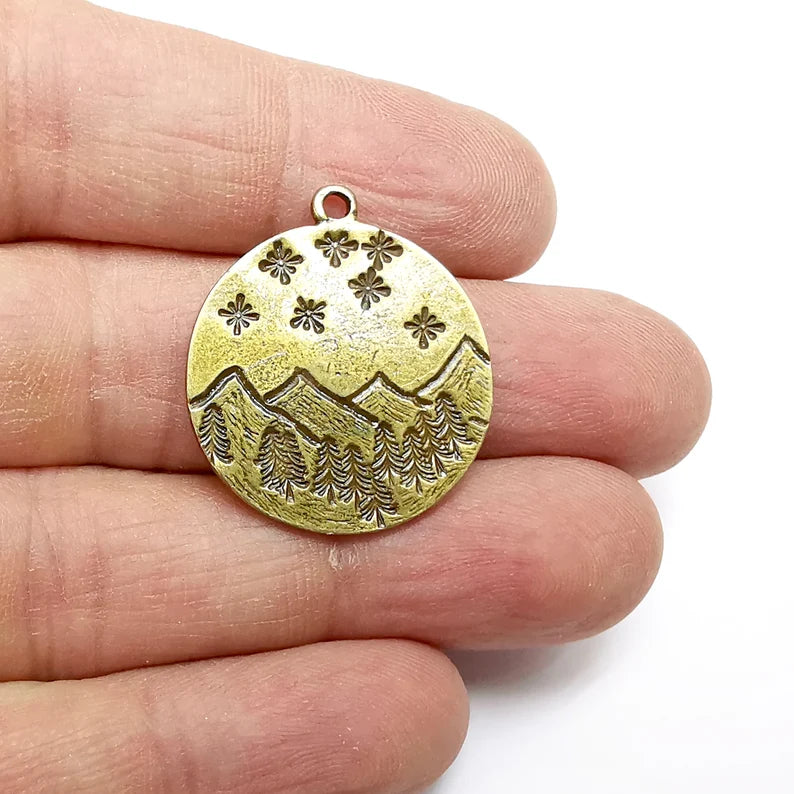 Landscape Charm, Winter Charm, Snowflake Charm, Tree Mountain Charm, Forest Pendant, Earring Charms, Antique Bronze Plated (29x26mm) G35233