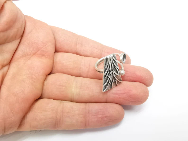 Pine Tree Branch Ring Setting, Cabochon Blank, Resin Bezel, Round Mounting, Epoxy Frame, Adjustable Antique Silver Plated Brass 6mm G35236