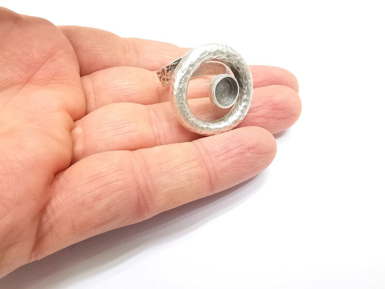 Circled Ring Setting, Cabochon Blank, Resin Bezel, Ring Mounting, Epoxy Frame, Adjustable Antique Silver Plated Brass 8mm G35237