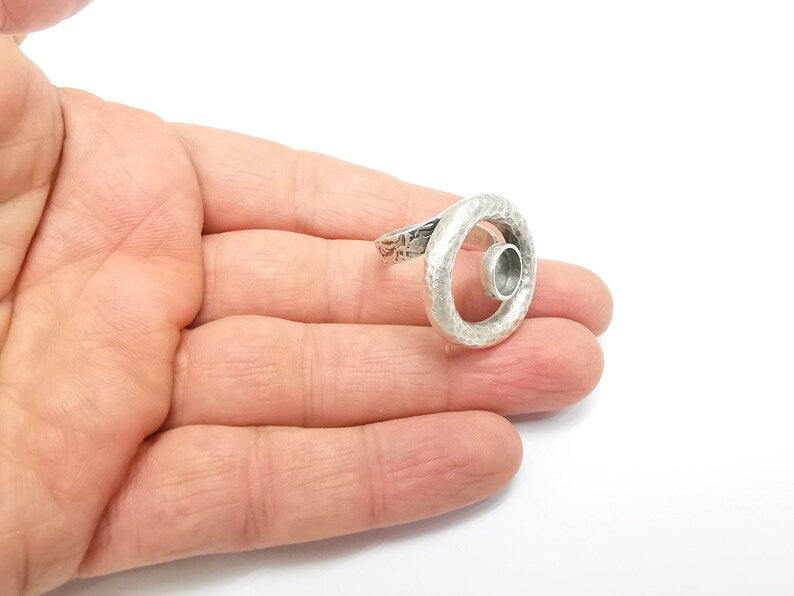 Circled Ring Setting, Cabochon Blank, Resin Bezel, Ring Mounting, Epoxy Frame, Adjustable Antique Silver Plated Brass 8mm G35237