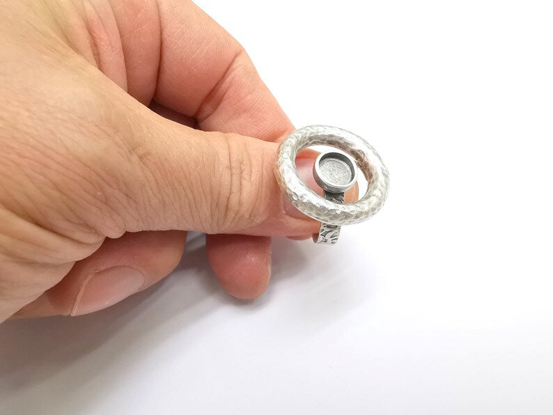 Circled Ring Setting, Cabochon Blank, Resin Bezel, Ring Mounting, Epoxy Frame, Adjustable Antique Silver Plated Brass 8mm G35237